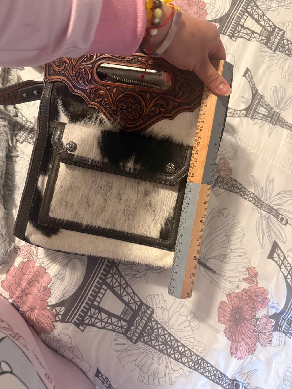 Western Tooled Leather & Cowhide Crossbody Bag - Brown/White - Picture 3 of 3